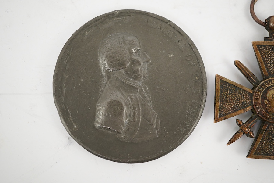 Four medals; an Admiral Hood 1795 Naval Action off the Isle de Groix Lord Bridport bronze medal, obverse with portrait of Hood and 'A. A. HOOD LORD BRIDPORT ADMIRAL OF THE WHITE, and the reverse with figure of Victory, s